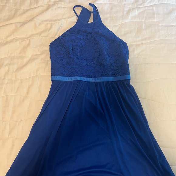 David's Bridal Floral Lace High Neck Short Dress - Horizon Blue - Size 8 - Picture 1 of 2